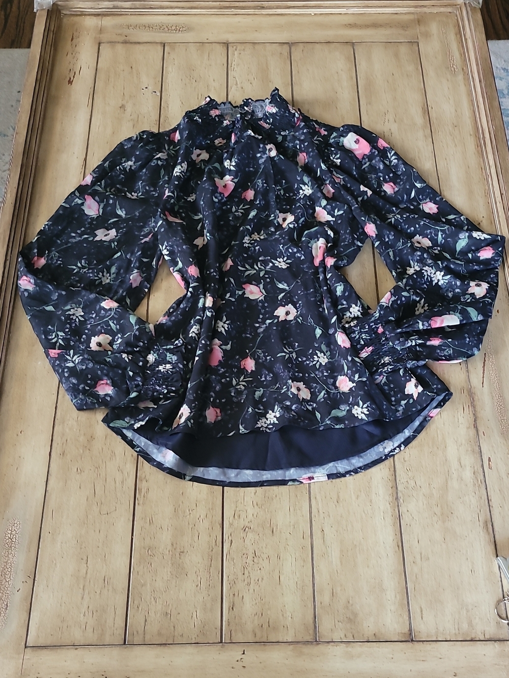 TCEC Black Floral Smocked Neck Blouse with Pink Accents